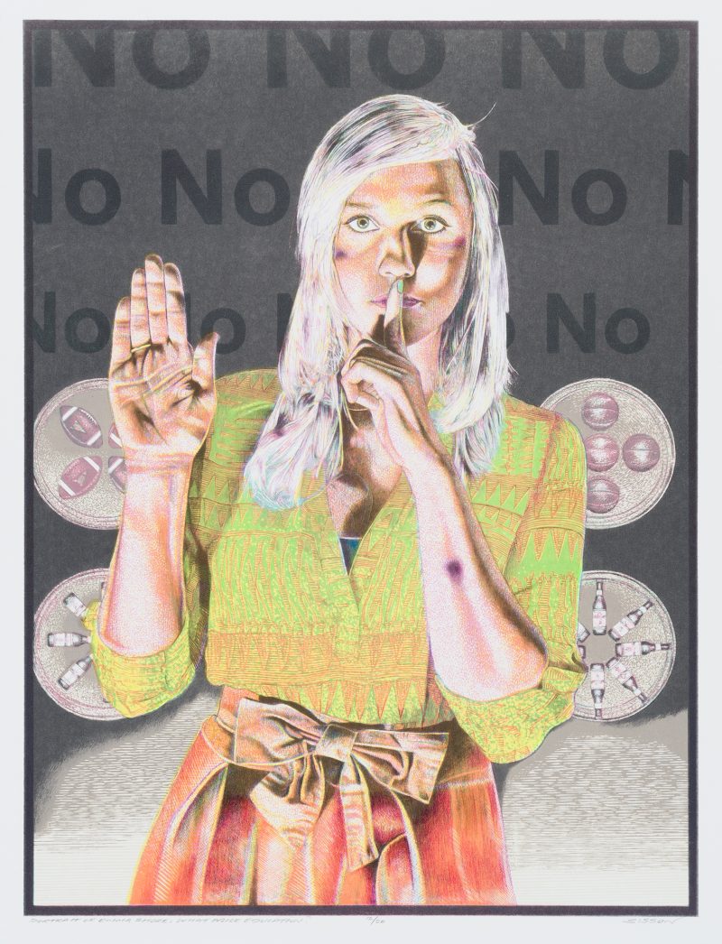 A young blond-haired woman, wearing a greenish-yellow printed blouse and a red bowtie dress, stands facing the viewer with her left-hand gesturing to be quiet and her right hand held up as to signal to stop. In the black background the word ‘NO’ is printed from big to small going down. By her right and left shoulders and elbows are four circles - clockwise the first circle has footballs, then basketballs, then bottles of beer in the two remaining circles.