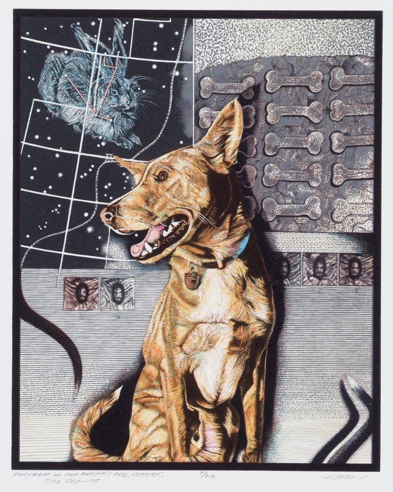 A short haired brownish-yellow and white dog sits in profile. In the background there is a bluish-white longhaired rabbit in a star constellation next to a print of stacked dog bones - all above small square prints of the artists' face/portrait book casing the dog.