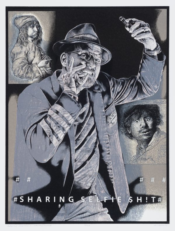 Artist self-portrait. He sits holding a cellphone angled above his head to take a 'selfie' picture with his left hand. He is holding a toothpick in his mouth with his right hand. An image of Albrecht Durer self-portrait above his right shoulder and a Rembrandt self-portrait below his left arm.