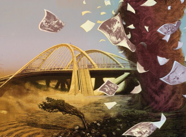 Color print of deserted desert with architectural structure in background and dust devil on right with swirling war photographs and images and heavily leaning tree in center.