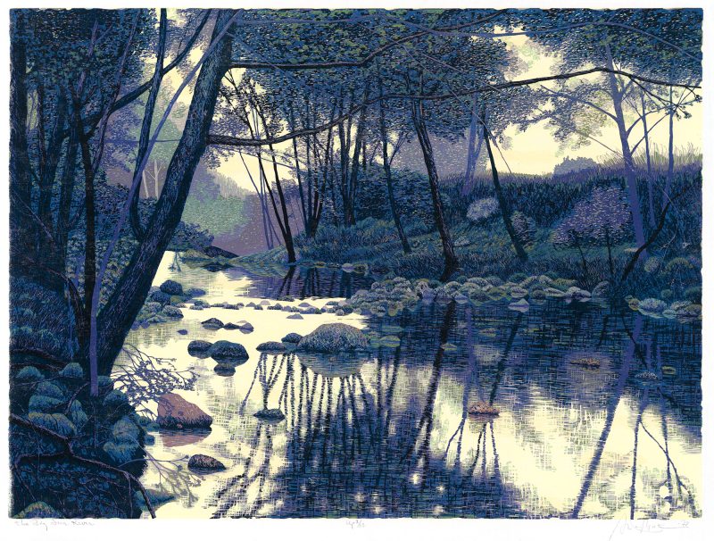 Color print of a reflective river under overhanging purple black trees and yellow sky
