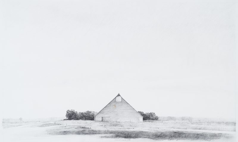 A drawing of a barn in the center flanked by vegetation on a minimal plains landscape.