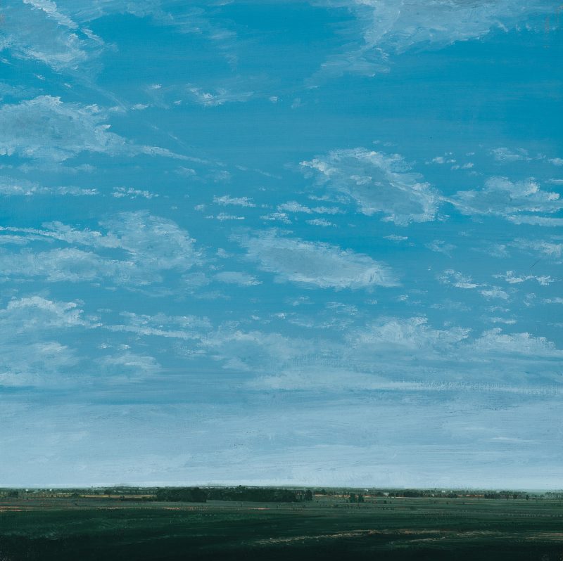 Plains skyline with low horizon. The sky is of blues and white clouds, and green farm lands or fields.