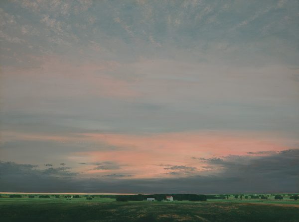 Plains skyline with low horizon with two building structures in center middle ground. The sky is of blue-grays, pinks, gray clouds, and green farm lands or fields.