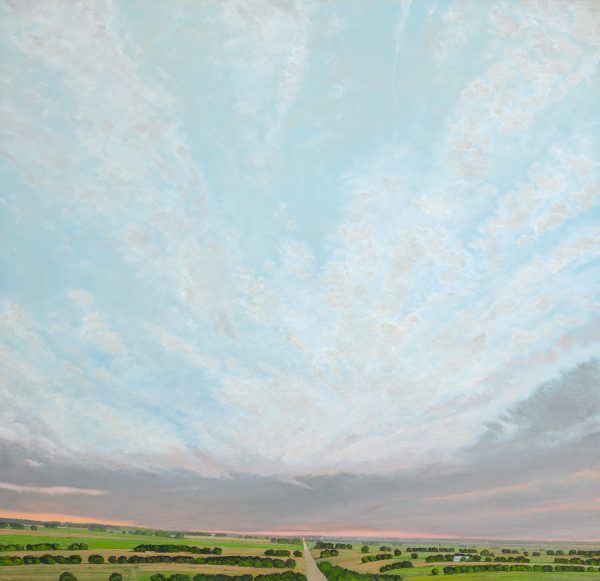 Plains skyline with low horizon with road in center right receding into distance. The sky is of blue-grays, pinks, gray clouds, and green farm lands or fields.