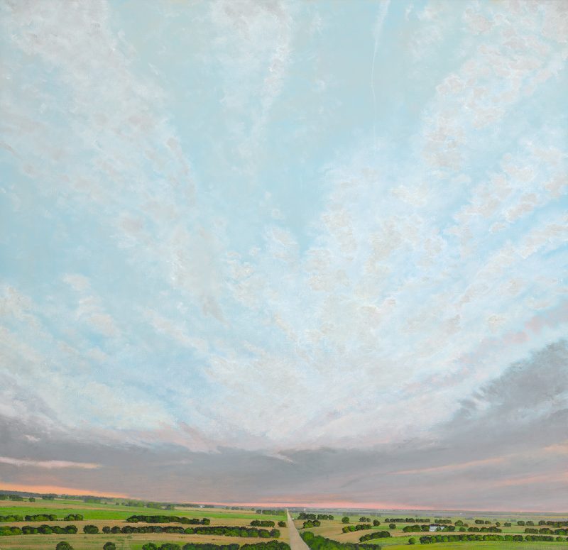 Plains skyline with low horizon with road in center right receding into distance. The sky is of blue-grays, pinks, gray clouds, and green farm lands or fields.