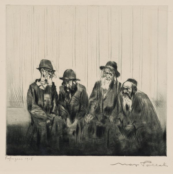 A black and white print of four elderly bearded seated men, wearing hats, and long coats.