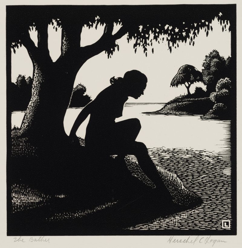 A black and white engraving of a silhouette nude woman on water edge under a tree.