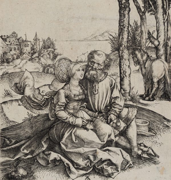 A black and white engraving of an elderly man seated next to a young woman taking money from man’s money bag.