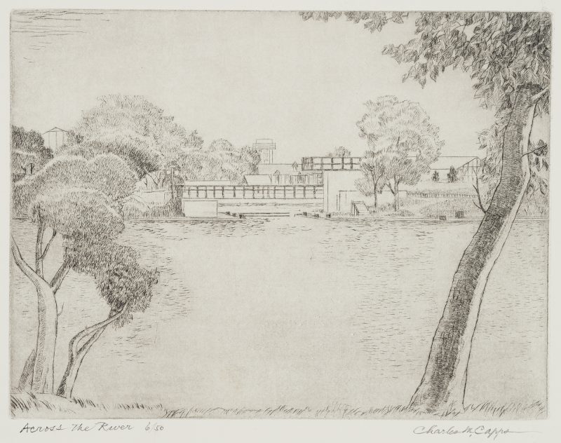 A black and white etching of trees on both sides of the river and buildings in the background.