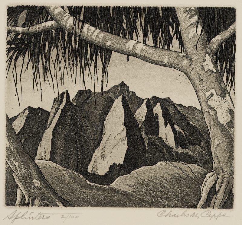 In the background, a group of steep mountains faces are picture framed by a whispy tree in the foreground. Rolling hills sit at the bottom of the jagged mountains.