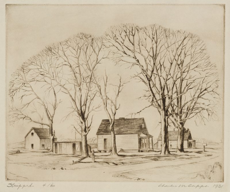 Two small old farmhouses stand by a chicken coop and barn underneath towering trees. The trees are bare, and the landscape surrounding is flat and desolate. There is a mailbox and old wooded corner post in the foreground.
