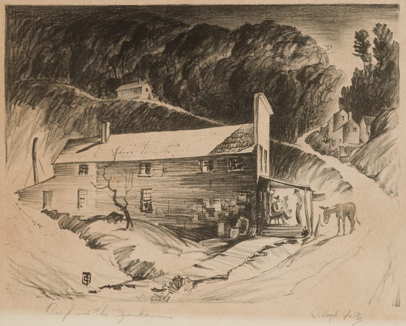 A shallow landing and a two-story house sit sideways along an upward winding road. Three men are on the front porch with a donkey hitched to a post. In the background another set of houses sits to the right at the fork in the road. To the left and at the top of the road, is one last tiny house. Trees cover the tops of the hills in the distance.