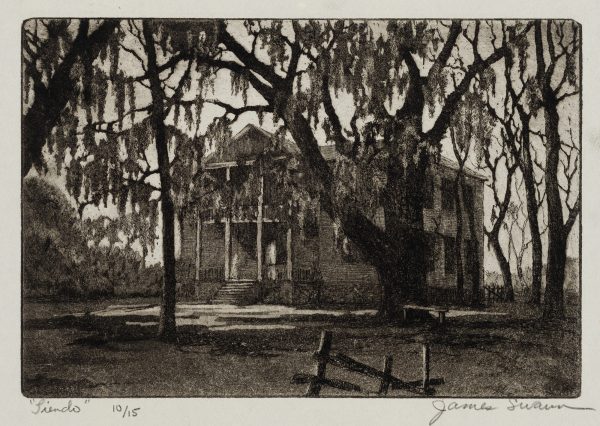 Giant oak trees with Spanish moss obscure the front of a two-story plantation style home. A figure stands on the front porch. A broken fence in the foreground and a bench under the giant oak can also be seen.