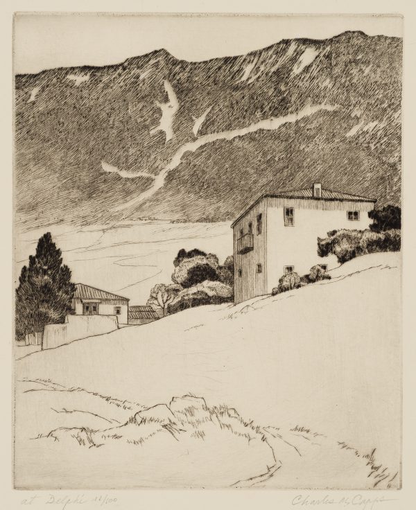 A black and white etching of a curved walk path on a hillside, with buildings and trees in the middle ground and mountains in the background.