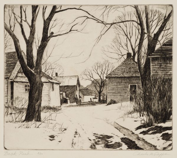 A black and white etching of small snow covered road leading to a set of houses under bare trees.