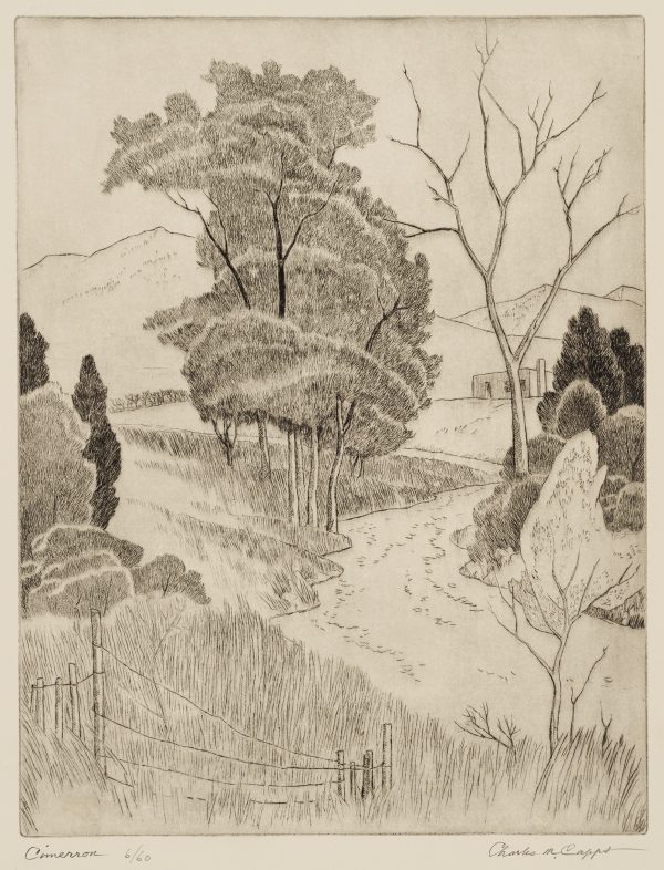 A black and white etching of a grassy landscape with trees, a curved creek and wire fence. A tiny house it tucked away in the background at the foot of the hills.