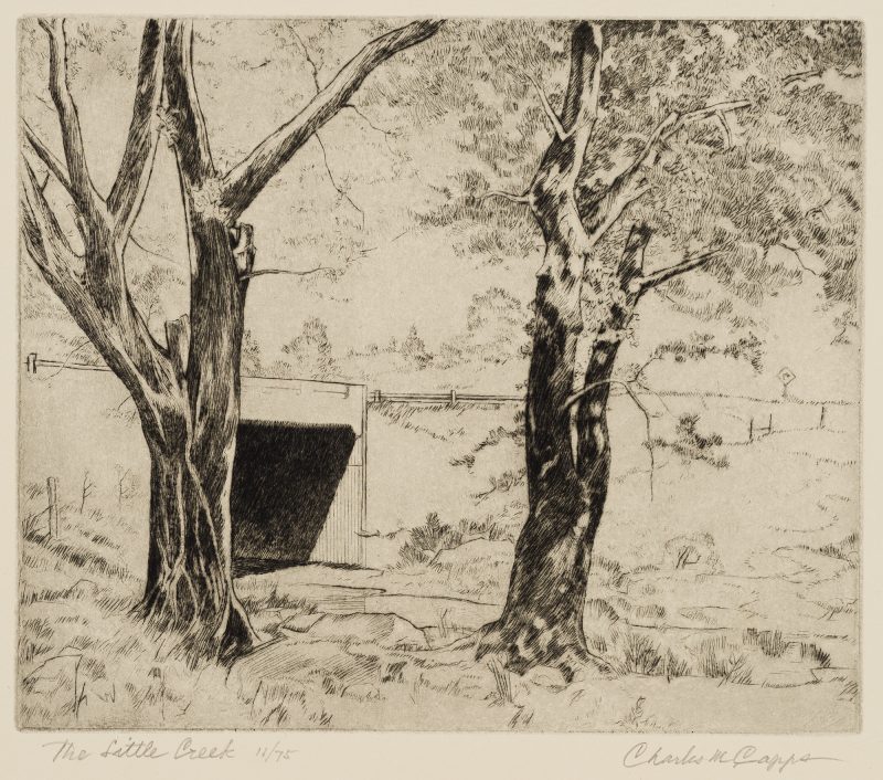 A black and white etching of a road bridge over a creek with trees and street sign in background.