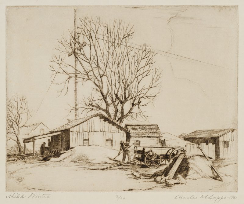 A black and white etching of wood slated farm buildings under bare trees, with people working in the background, a man shoveling with open flat cart, and chickens pecking at ground near hay pile. An electric/telephone pole stands over the barn.