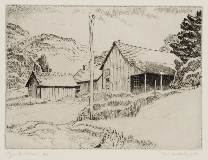 A black and white etching of wood slated houses, with hills in background and surrounded by trees.