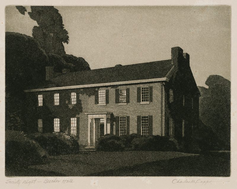 A black and white aquatint of an exterior night view of an elongated two-story college building with rows of lit windows.