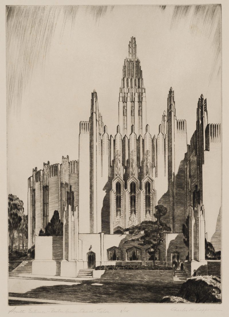 A black and white etching of the deco style Boston Avenue United Methodist Church, with dramatic light and shadows, and people walking into the lower right entrance.