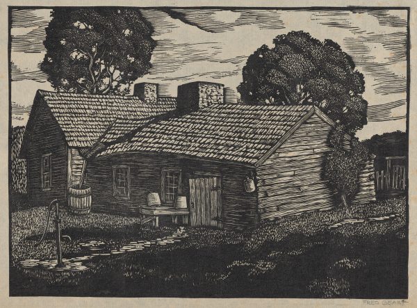Black and white print of a wooden slatted house, with an outdoor water pump, table, and buckets, in front of trees and cloudy sky.