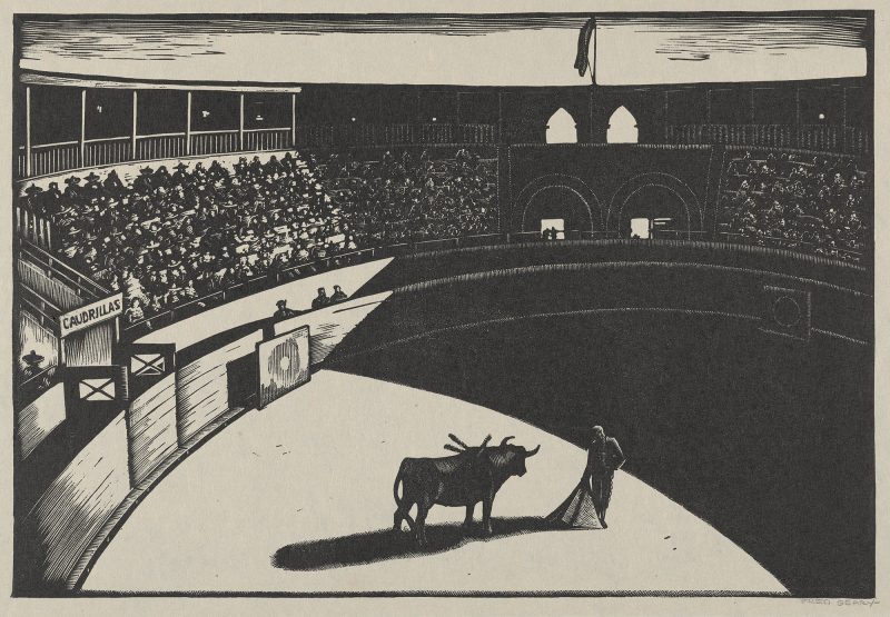 Black and white print of a bull and matador facing each other in bullring surrounded by full audience in arena seats, with high contrast light and shadow splitting scene.