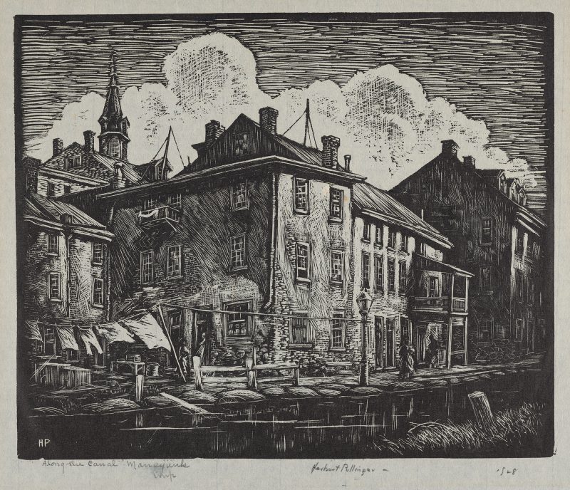 Black and white print of a buildings on Manayunk Canal waterfront, people walking and laundry handing on a clothesline.