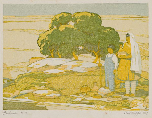 A color print of a woman, wearing yellow top and holding a vase, standing next to a child, wearing overalls and a white long sleeve top, with various pottery situated at their feet among a rocky terrain with a small tree in background.