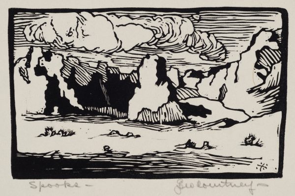 A black and white print of a baren landscape with small cactus in middle ground and mountains in background with clouds in the sky.