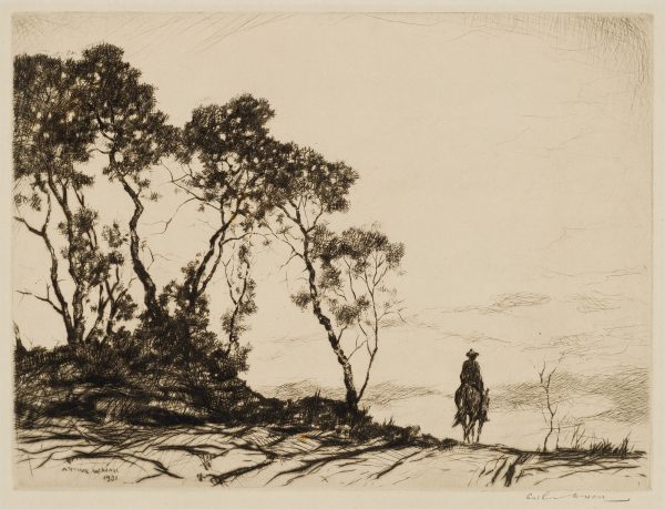 A black and white etching of a distant horse rider on a road with trees to the side.