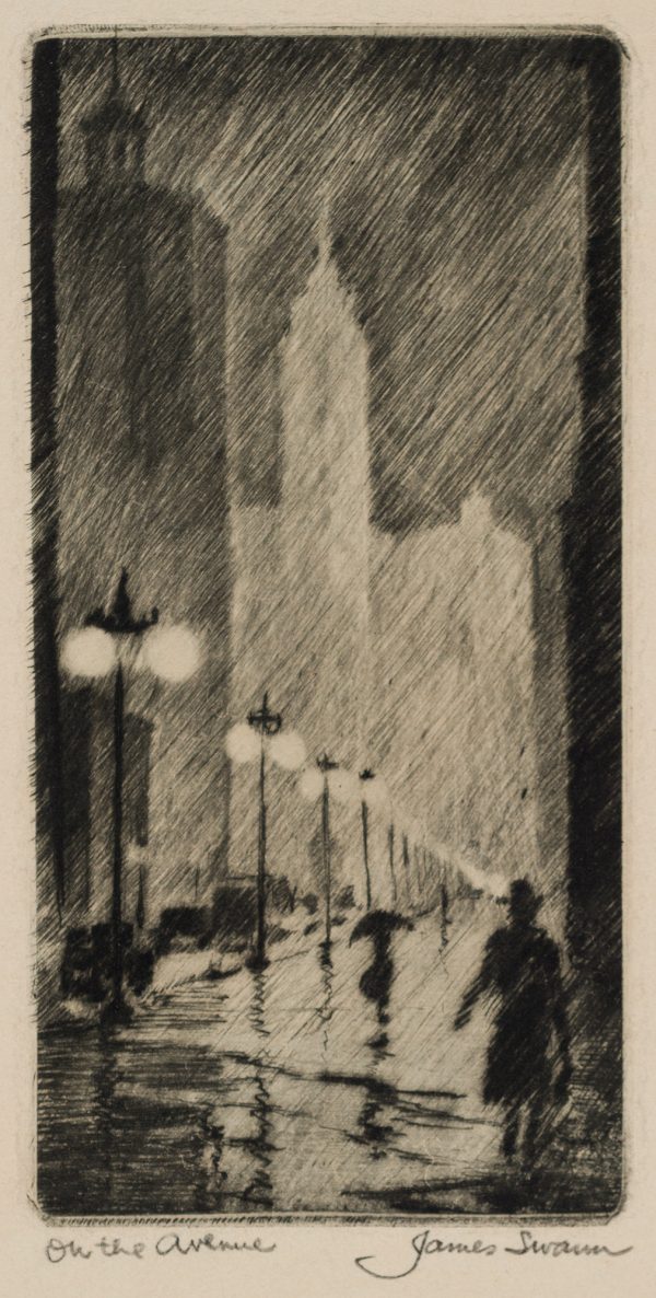 A black and white etched print of heavy diagonal rain pouring on a city, with skyscraper silhouettes in the background, cars on the road and pedestrians in coats and with umbrellas under glowing streetlights.