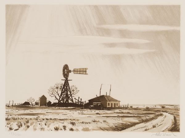 A light sepia toned lithograph of sun beams shining on a road leading to a lone house, windmill, silo and farm equipment, in a flat low grass plain.