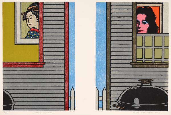 Colored print depicts diptych image of two house exteriors with grill and white picket fence separated by vertical white band. The lefthanded gray slated home with red trim has an open window with an ukiyo-e style portrait of a young woman in Edo period clothing. The righthanded gray slated home with gray trim has an open window with a partial portrait of Andy Warhol’s “Red Liz”.