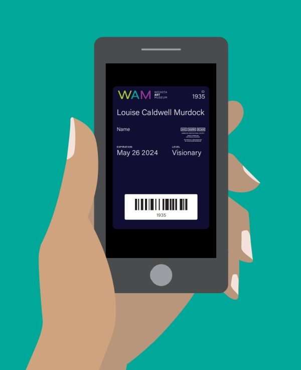 Illustration of WAM's new digital membership card on a smartphone being held by a hand with painted white fingernails against a teal background