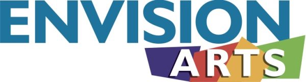 Logo with the word Envision is dark blue all caps sans serif font and the word Arts in white text on a vertical rainbow striped background