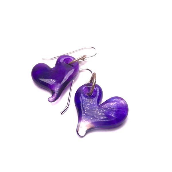 Purple glass heart-shaped earrings on french hooks