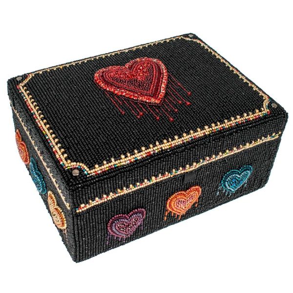 Beaded box in black with a red heart on the top and purple, orange, and turquoise hearts on front