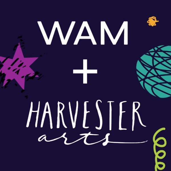 WAM + Harvester Arts in a white font against a purple background