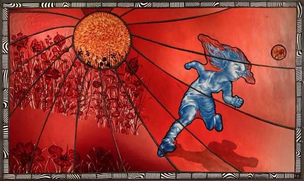 Rectangular stained glass lightbox with a sun image and flowers in the upper left corner and the figure of a blue girl running away from the sun