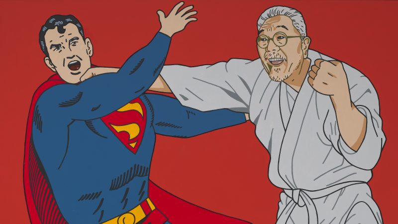Painting of Superman fighting a gentleman in white clothes against a red background.
