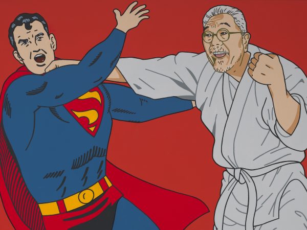 Painting of Superman fighting a gentleman in white clothes against a red background.