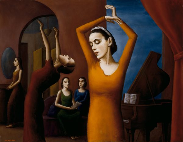 Interior view of dance studio; in center foreground, woman in yellow/orange dress with arms above head; 4 other female dancers to left & behind her; piano at right