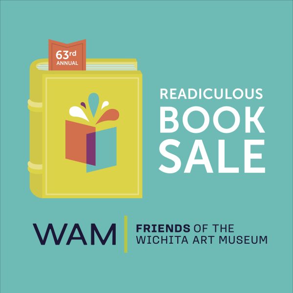 Friends of the Wichita Art Museum Readiculous Book Sale logo with a teal background and words in white with a multi-color book graphic