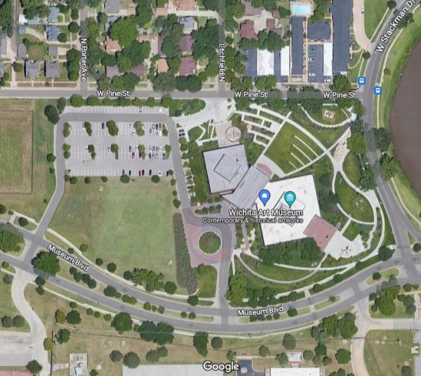 Google Map satellite view of the Wichita Art Museum grounds, parking lot and side streets