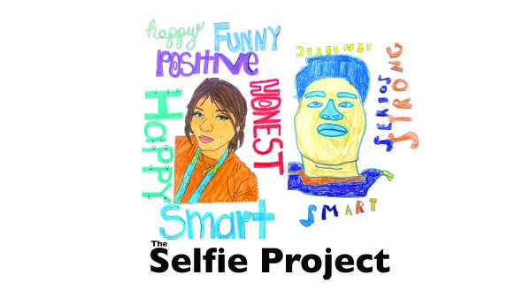 Graphic design of The Selfie Project with two drawn faces and words surrounding them
