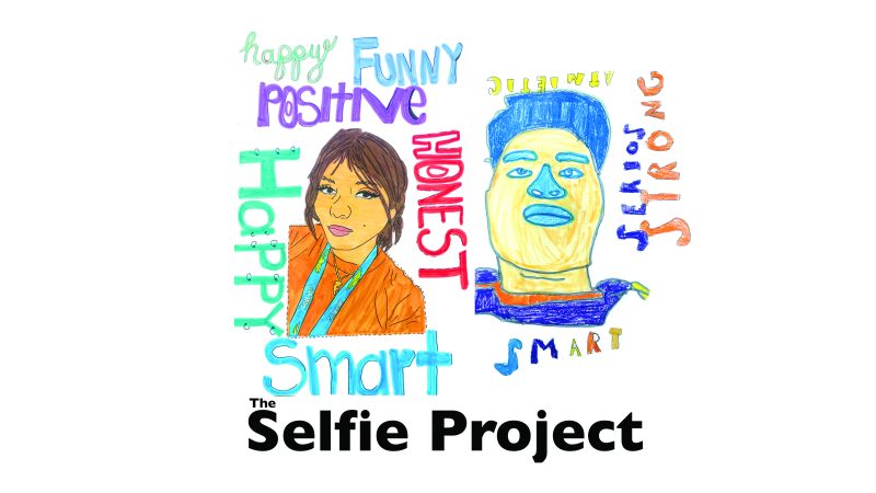 Graphic design of The Selfie Project with two drawn faces and words surrounding them