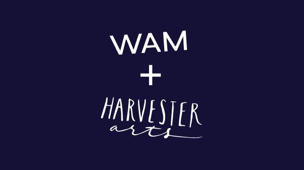 WAM + Harvester Arts in a white font against a purple background
