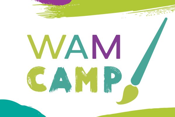 WAM Camp words with paintbrush in teal and lime along with stripes of color in lime, teal and purple